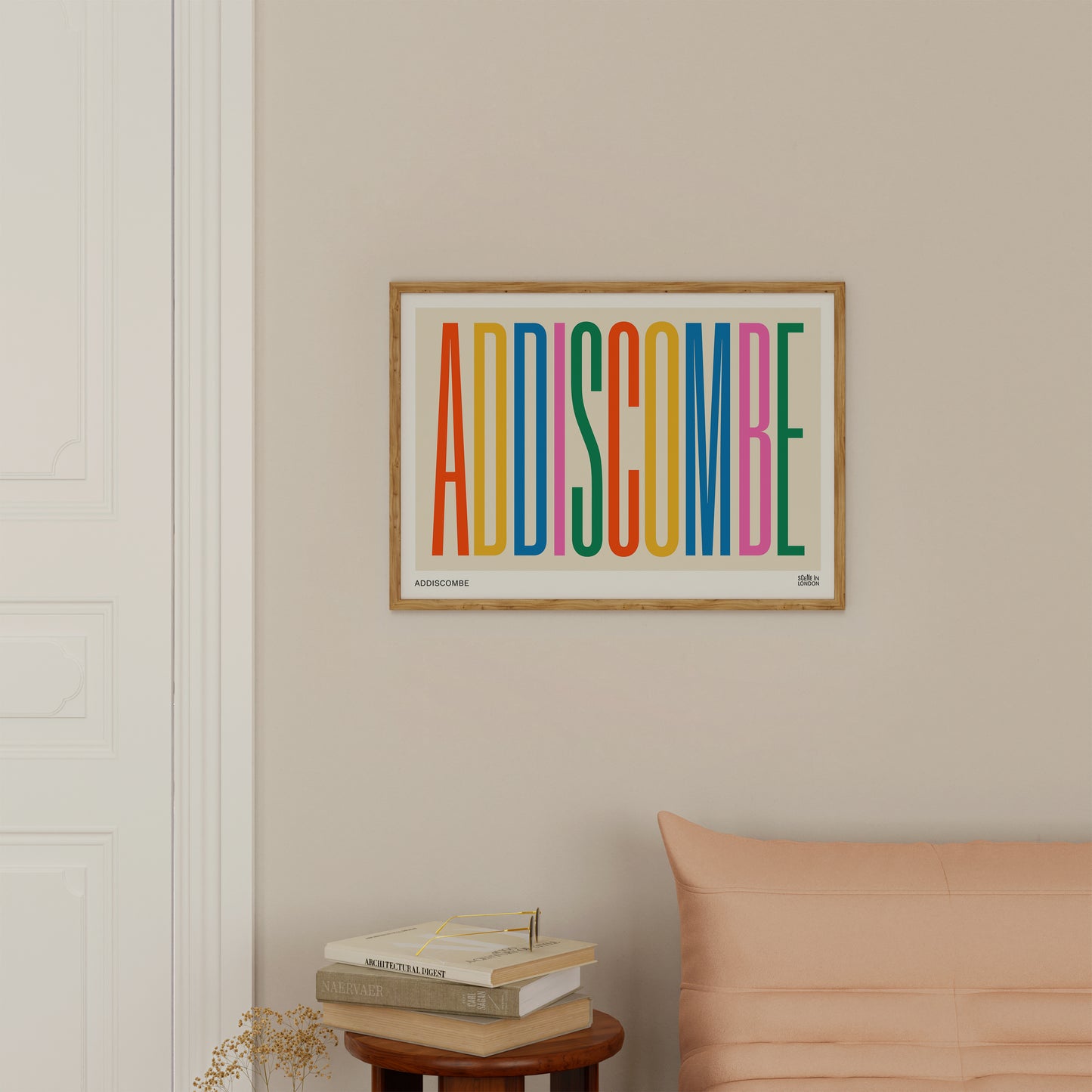 Addiscombe Typography poster framed on living room wall