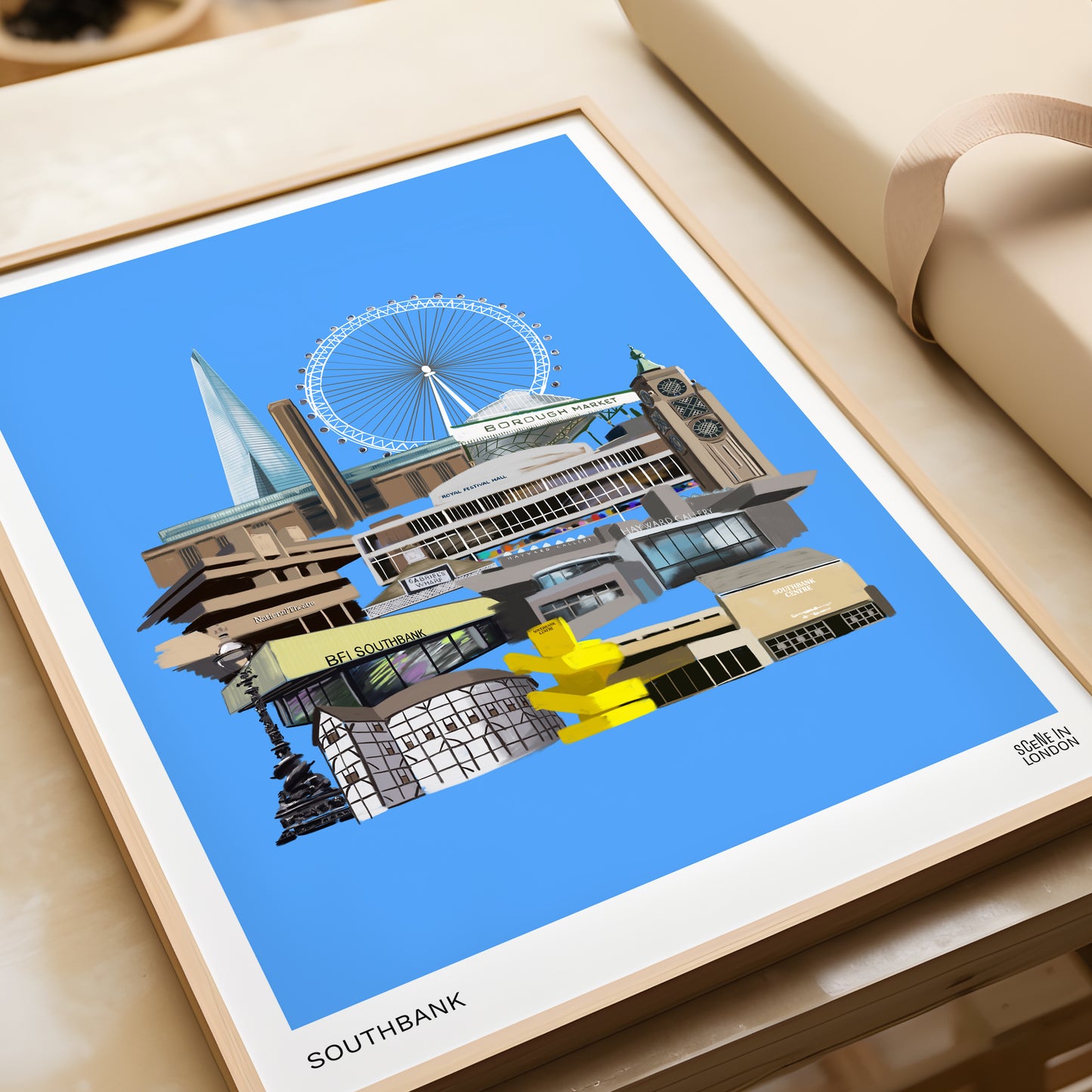 Artwork of a London city skyline with landmarks in Southbank with a blue sky.