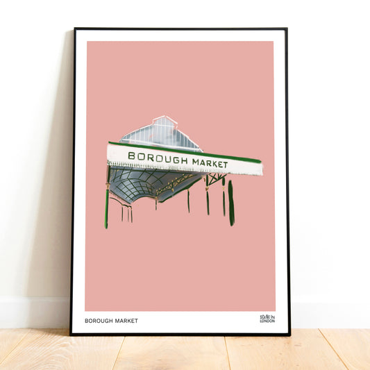 Framed artwork of Borough Market sign on a pink background