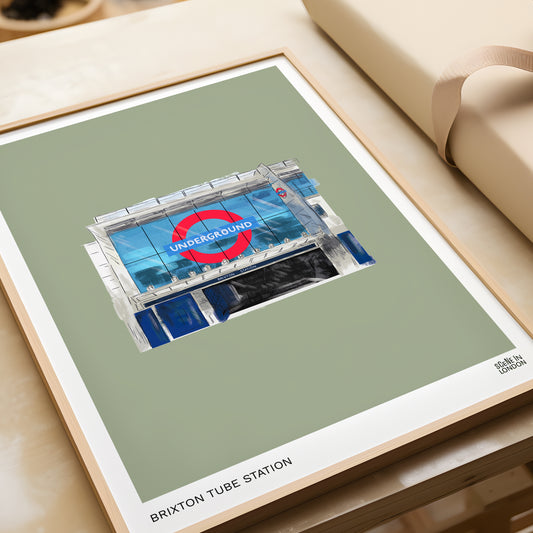 Brixton Station artwork on green background