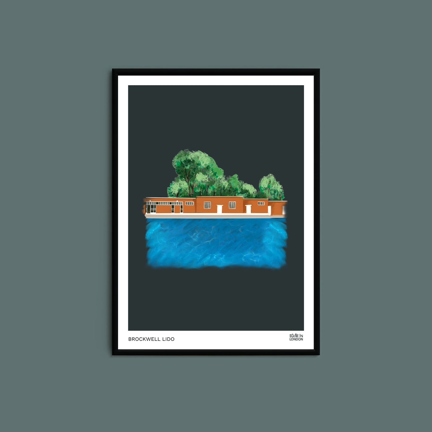 Brockwell lido art print on dark background by Scene in London