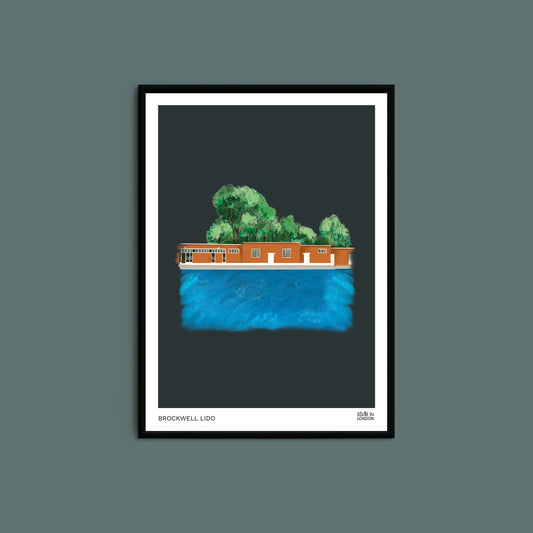 Brockwell lido art print on dark background by Scene in London