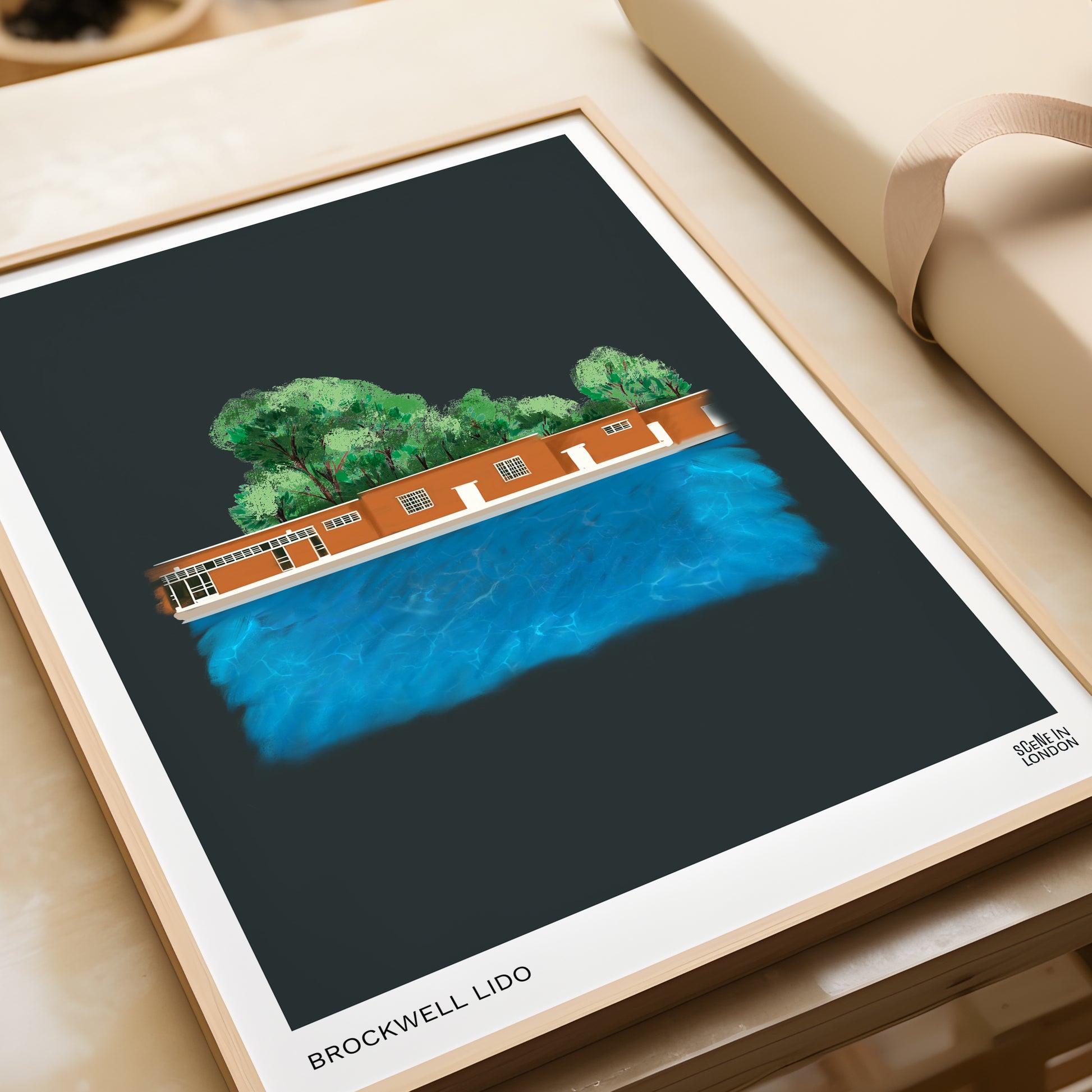 Brockwell lido art print on dark background by Scene in London
