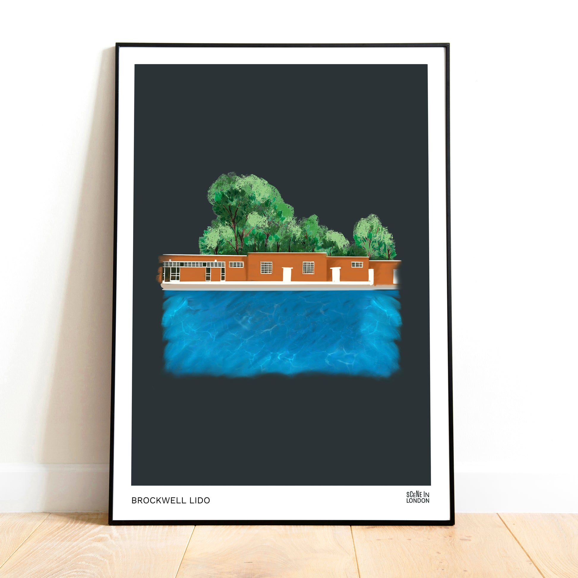 Brockwell lido art print on dark background by Scene in London