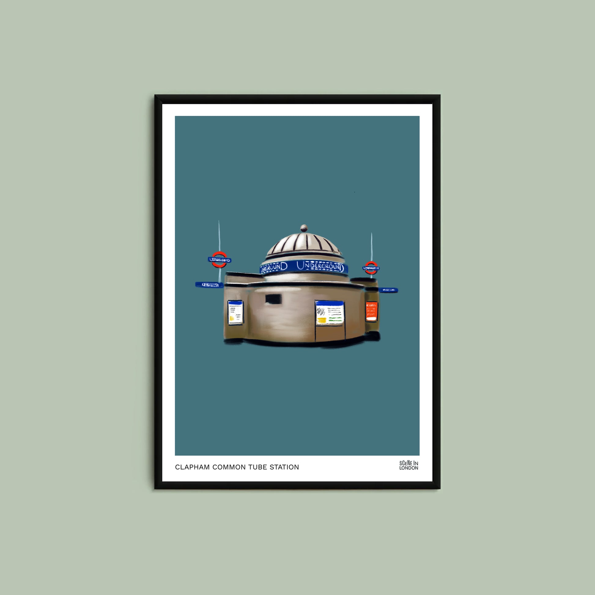 Framed artwork of Clapham Common tube station on a teal background