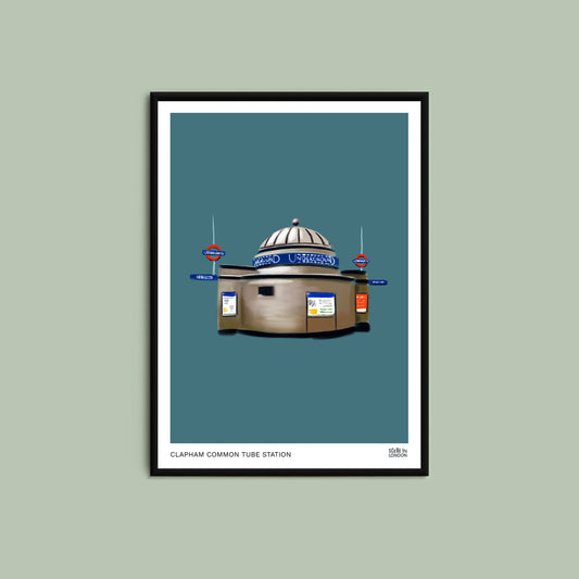Framed artwork of Clapham Common tube station on a teal background