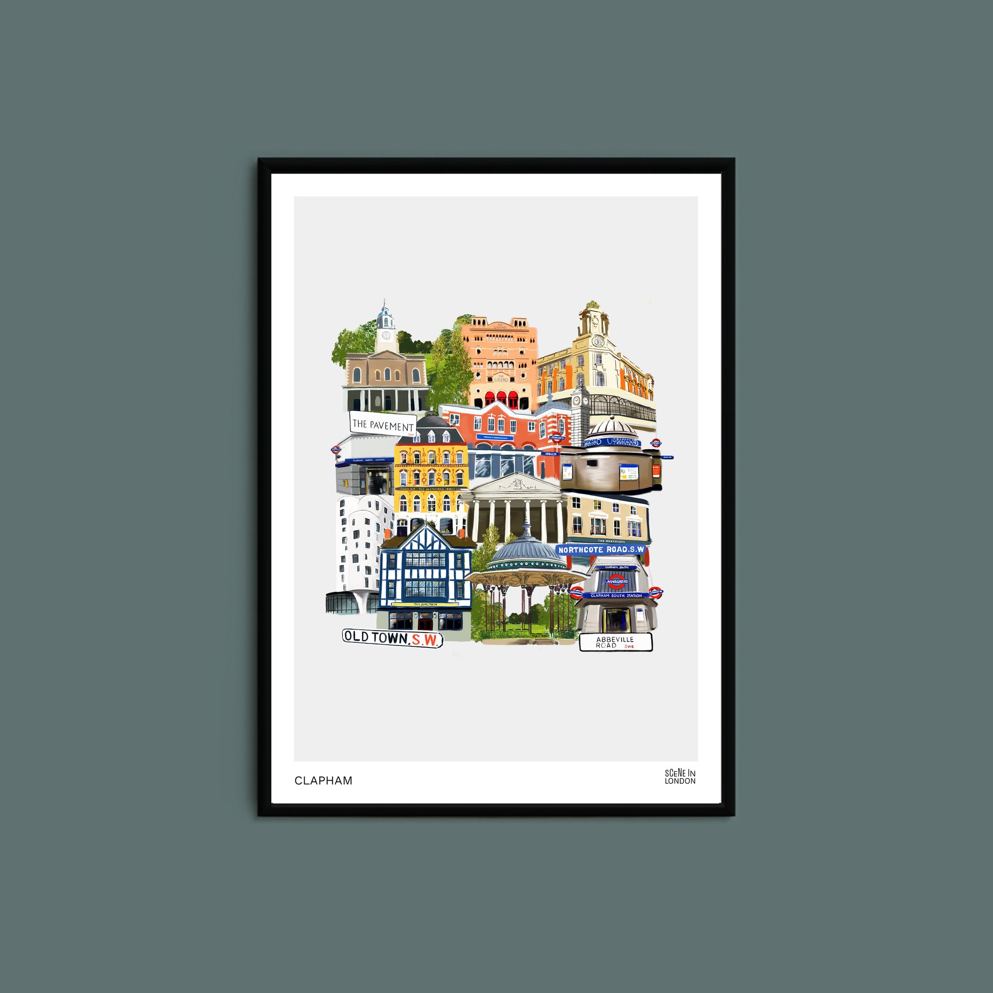 Clapham art print featuring Clapham landmarks in London
