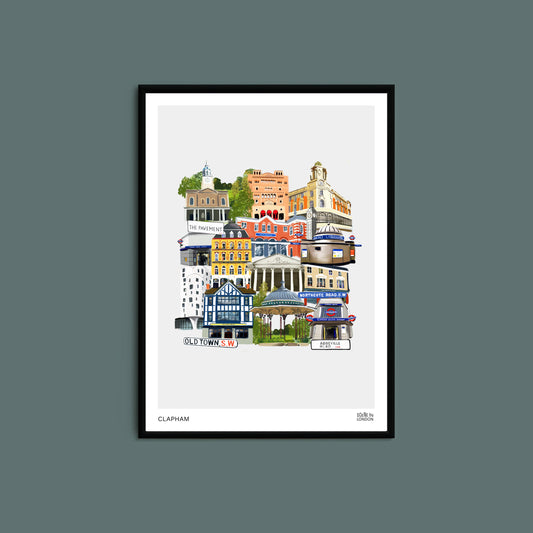 Clapham art print featuring Clapham landmarks in London