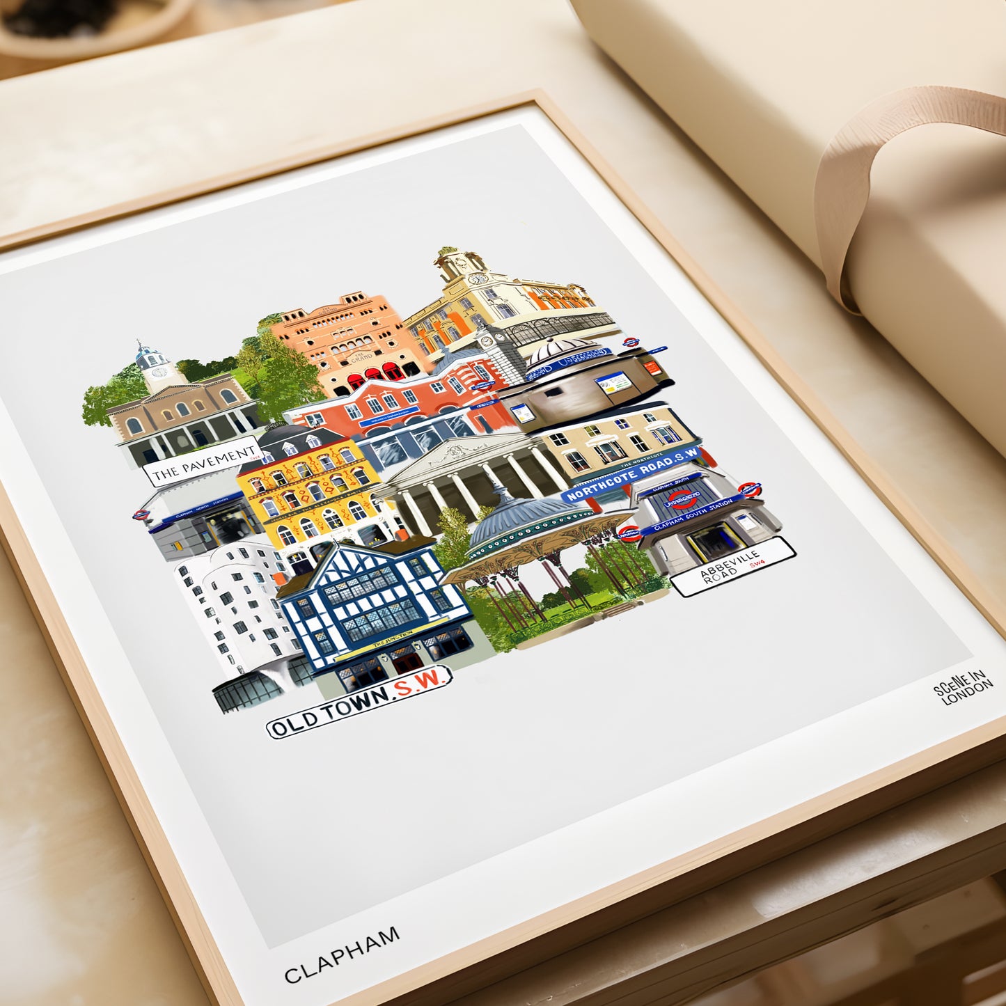 Clapham art print featuring Clapham landmarks in London