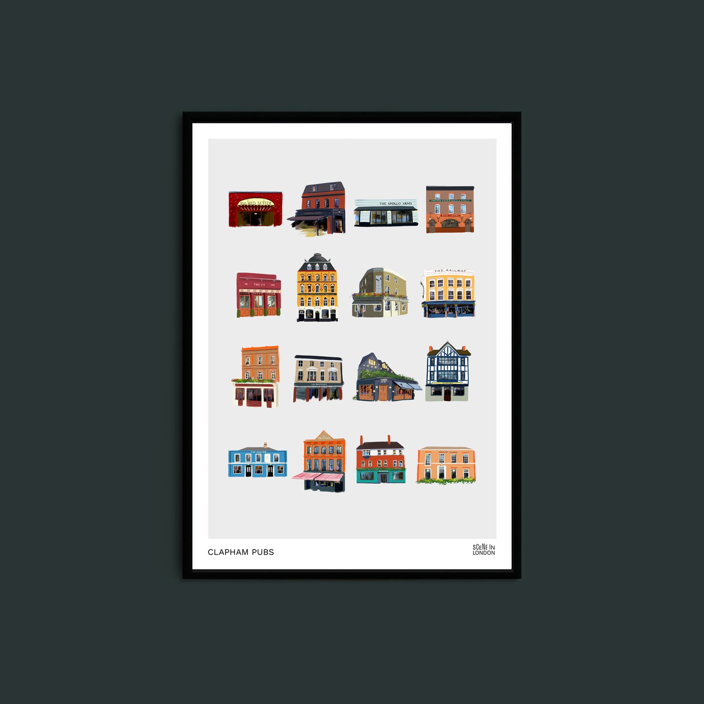 Clapham artwork of colourful illustrations of pubs on a white background