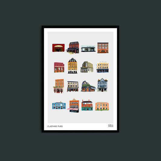 Clapham artwork of colourful illustrations of pubs on a white background