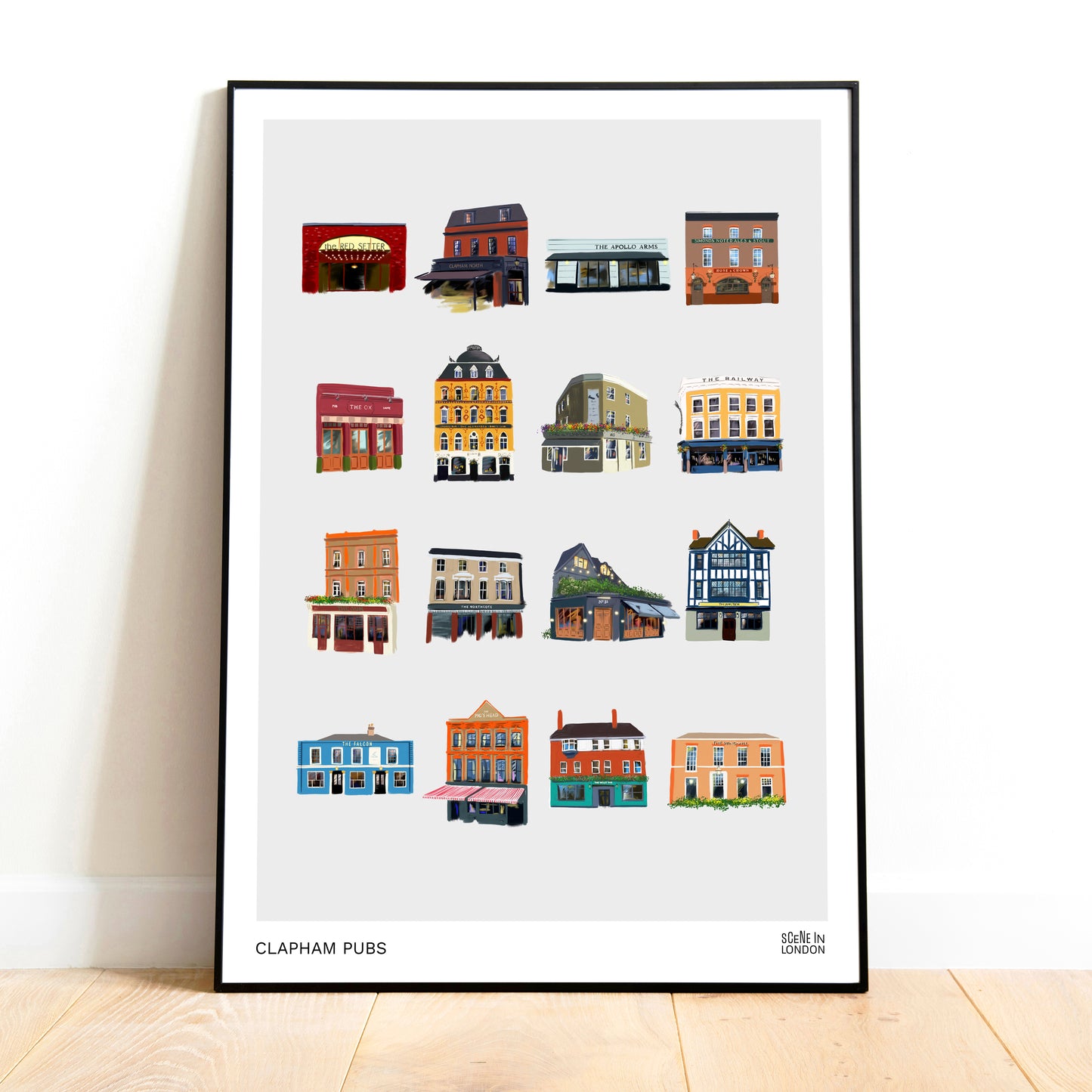 Clapham print of colourful illustrations of pubs by London artist