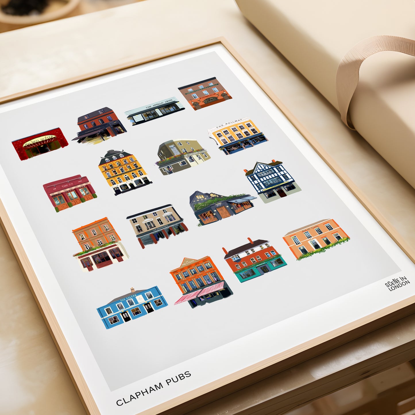 Clapham print of colourful illustrations of pubs by London artist