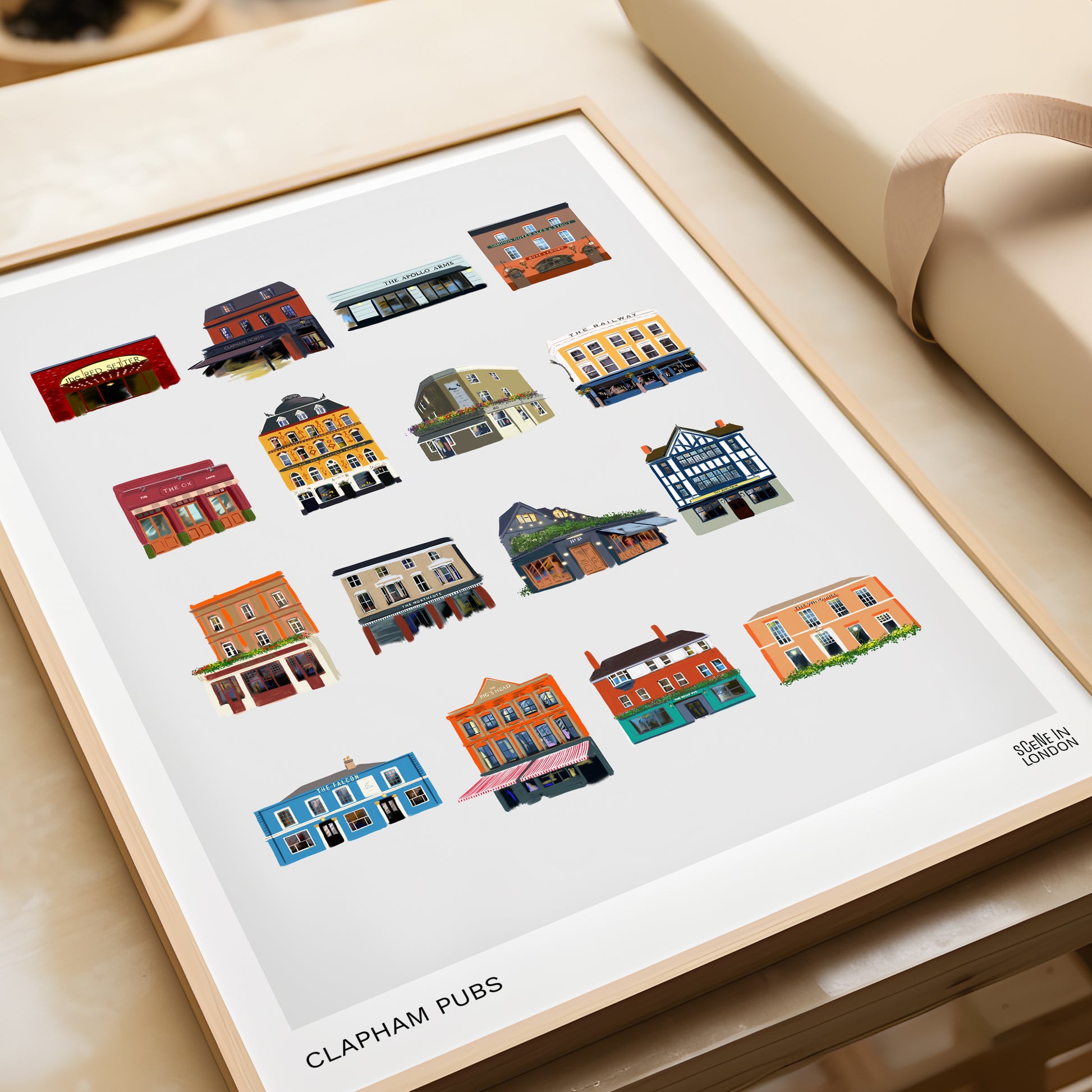 Clapham print of colourful illustrations of pubs by London artist