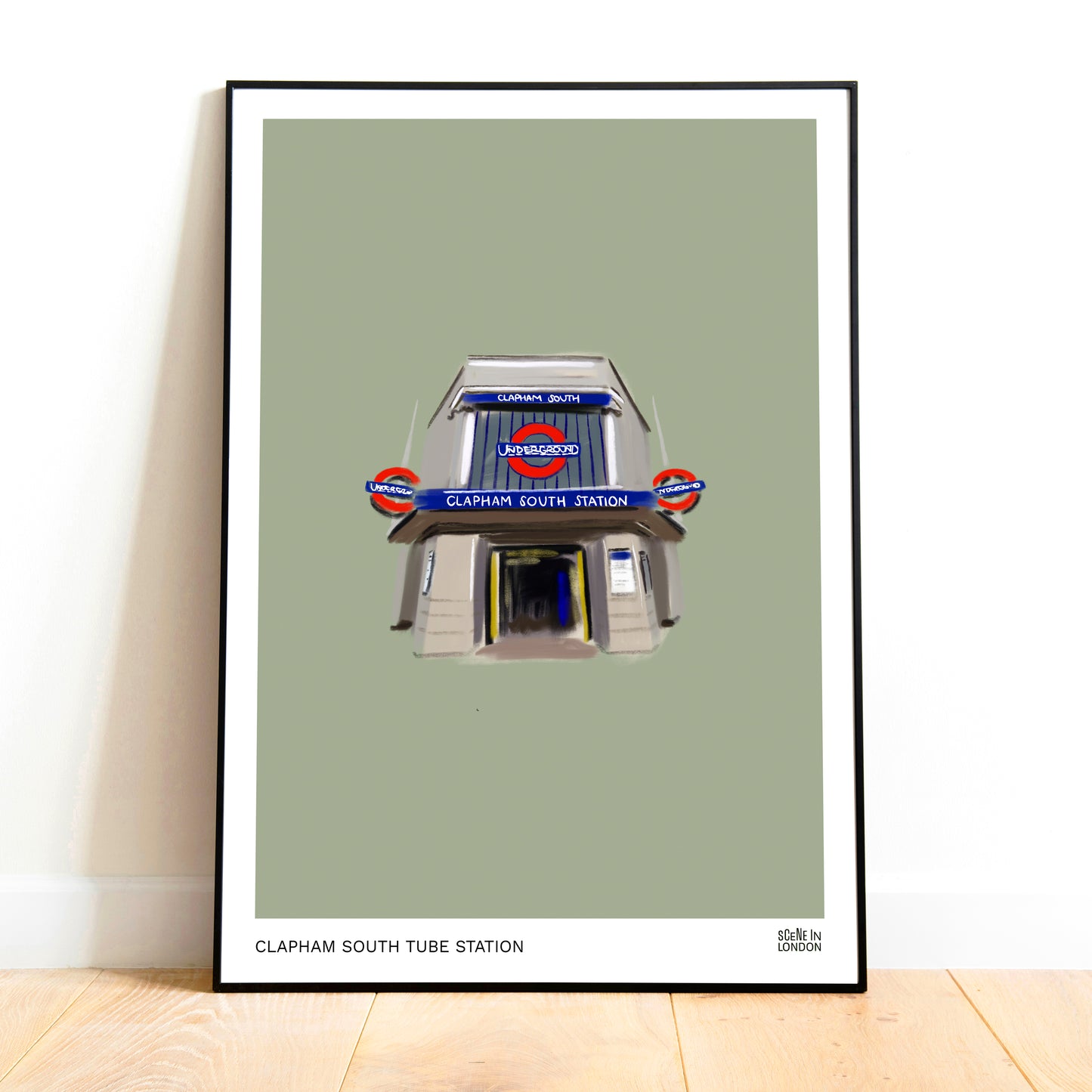 Framed artwork of Clapham South Tube Station on a light green background