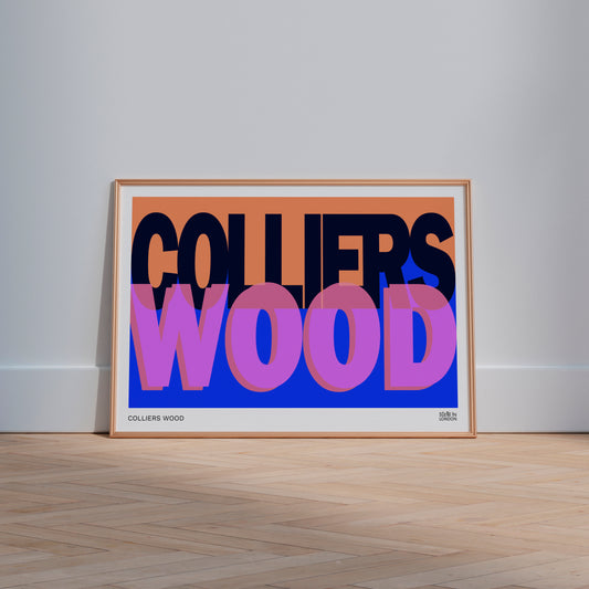Framed London artwork with 'COLLIERS WOOD' typography