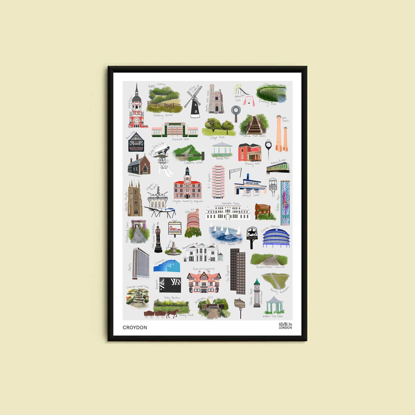 Croydon poster print with art illustrations of Croydon landmarks by Scene in London. 