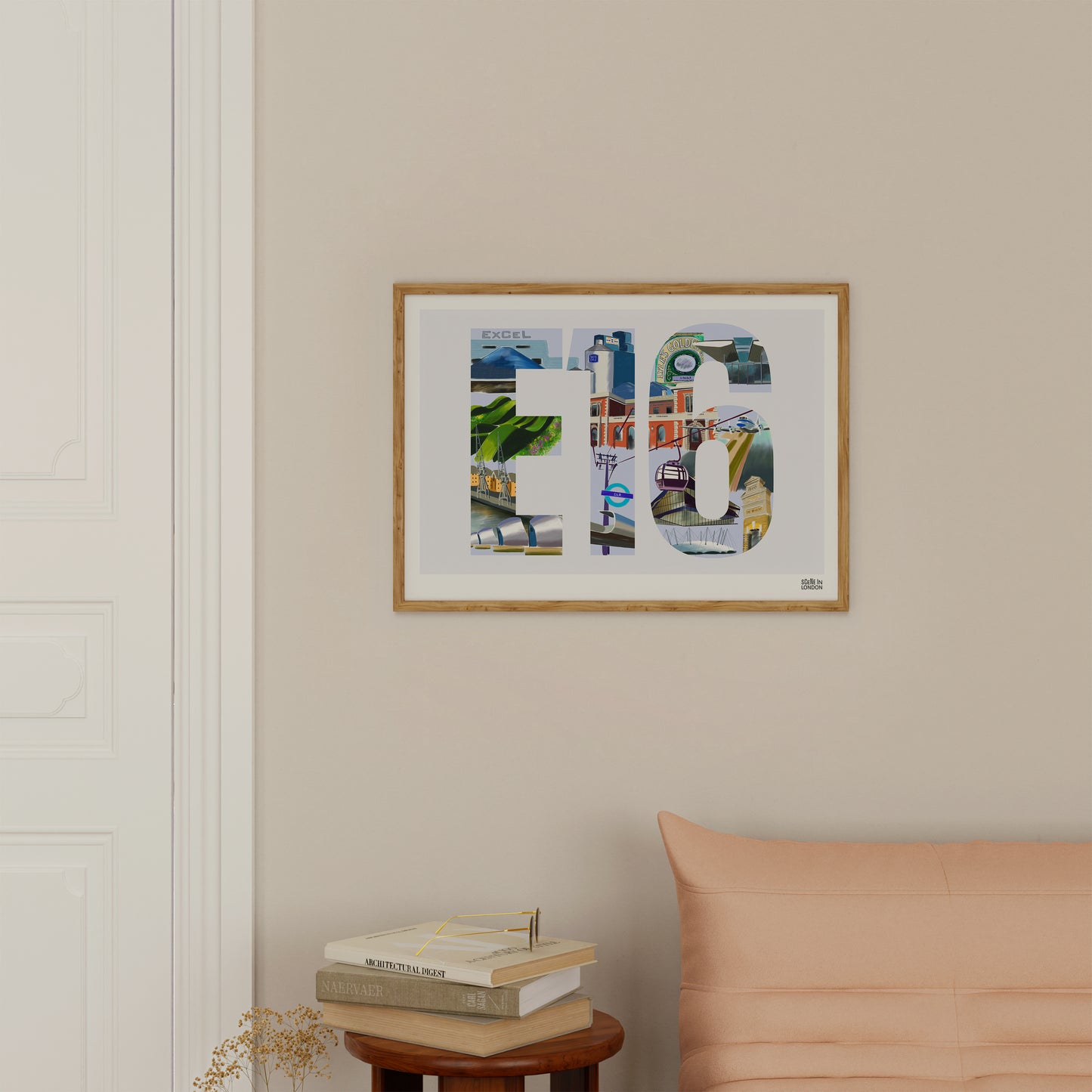 E16 London art print in living room