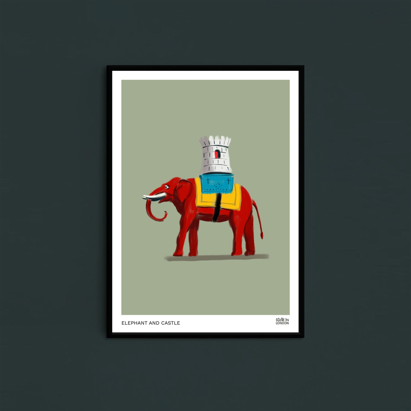 Framed artwork of a red elephant with a castle on its back. The Elephant and Castle statue, London