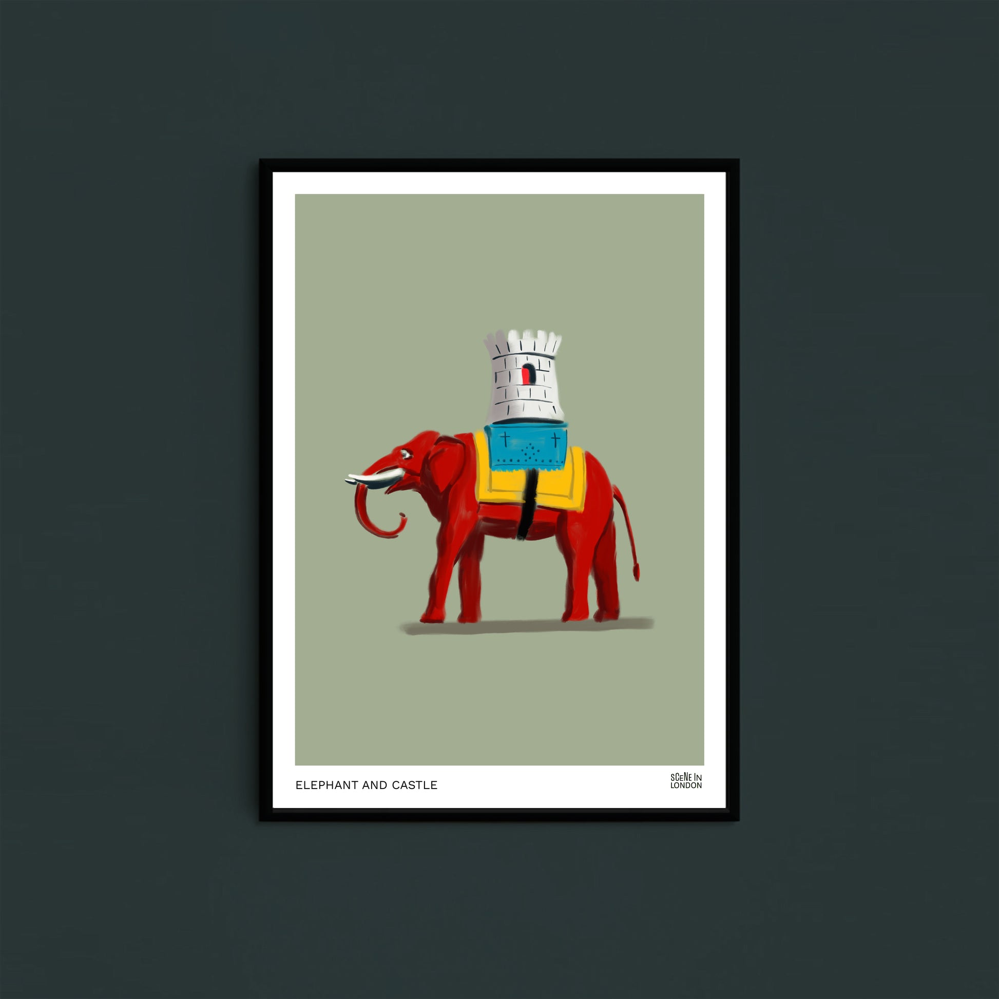 Framed artwork of a red elephant with a castle on its back. The Elephant and Castle statue, London