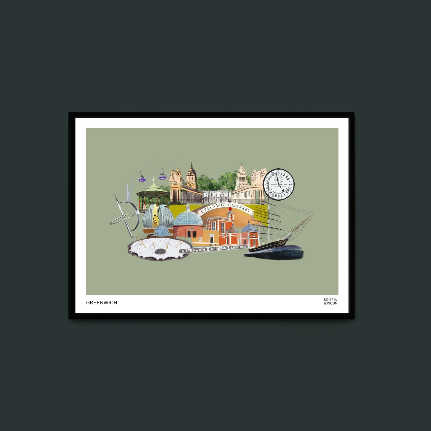 Framed artwork of Greenwich landmarks on a green background