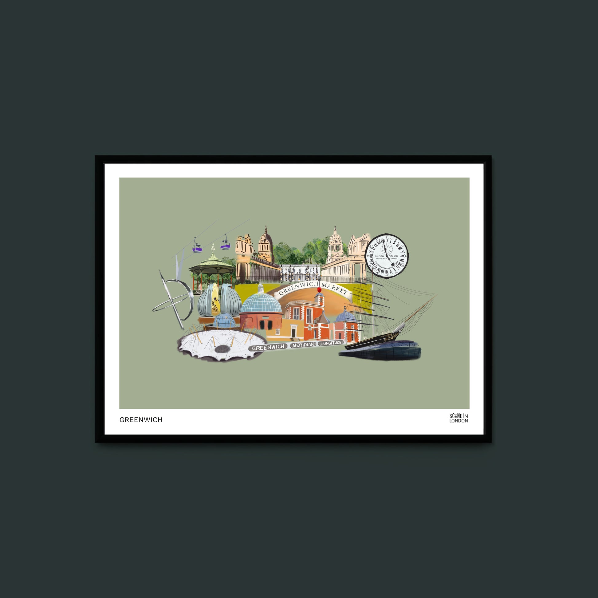 Framed artwork of Greenwich landmarks on a green background