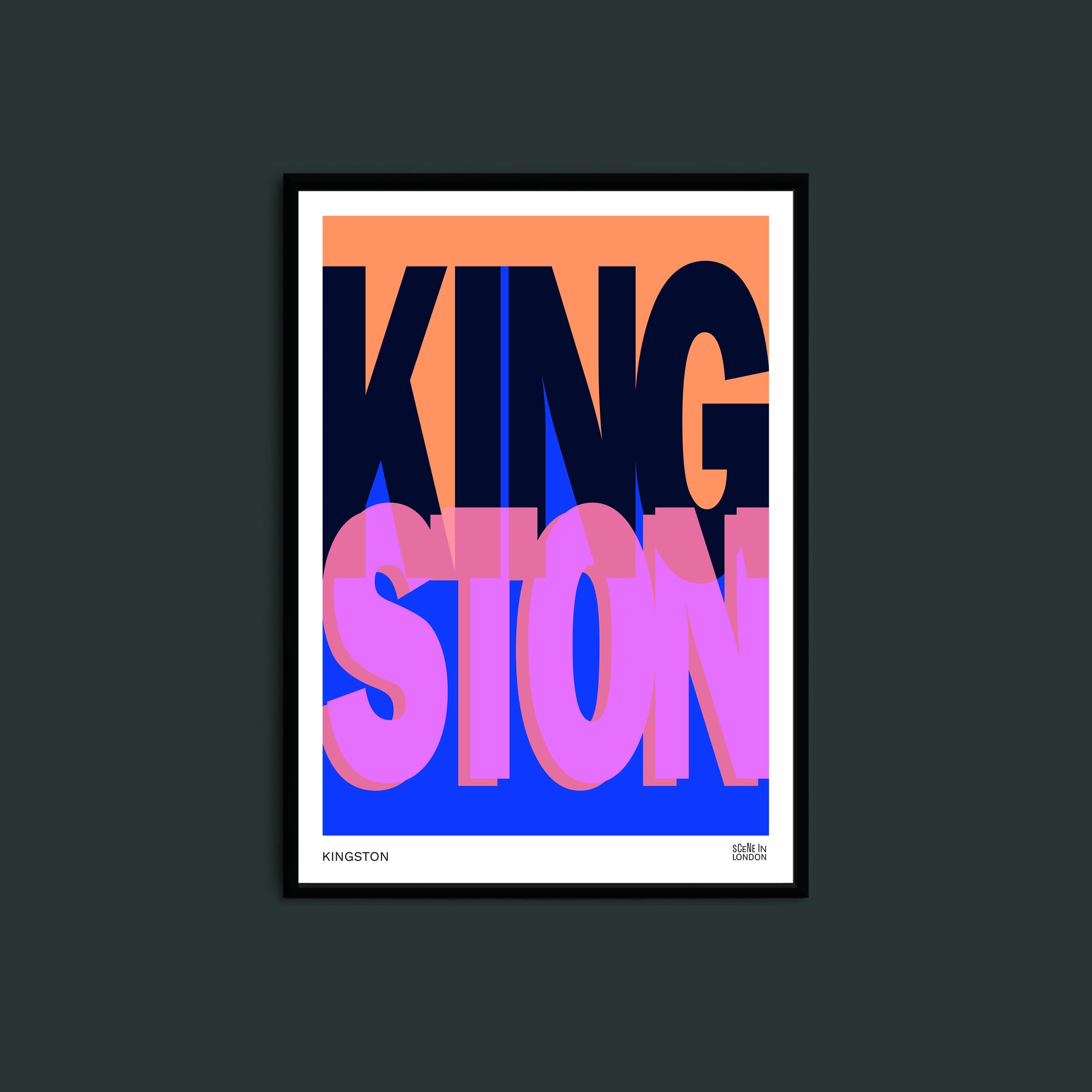 Framed artwork with 'Kingston' in colourful letters on a dark background