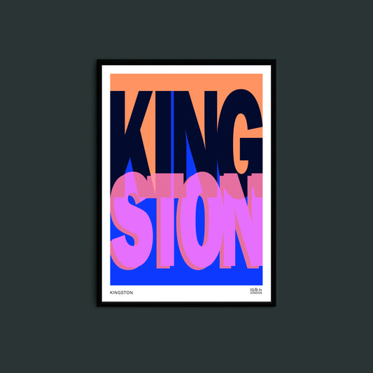 Framed artwork with 'Kingston' in colourful letters on a dark background