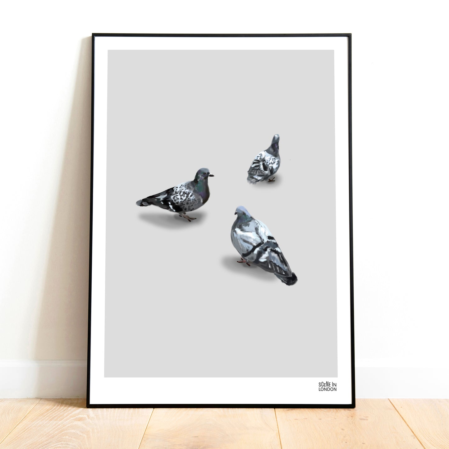 Artwork of three London pigeons by art brand, Scene in London
