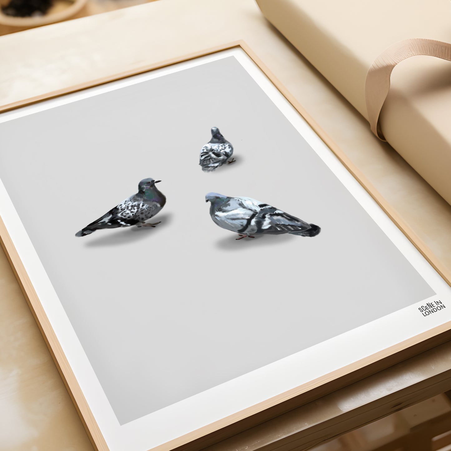 Artwork of three London pigeons by art brand, Scene in London