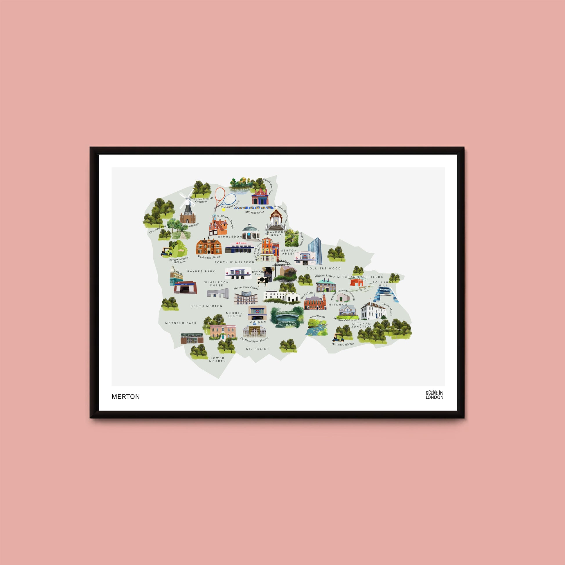 Art print of Merton, South London. Drawn by artist Samantha Foley from Scene in London