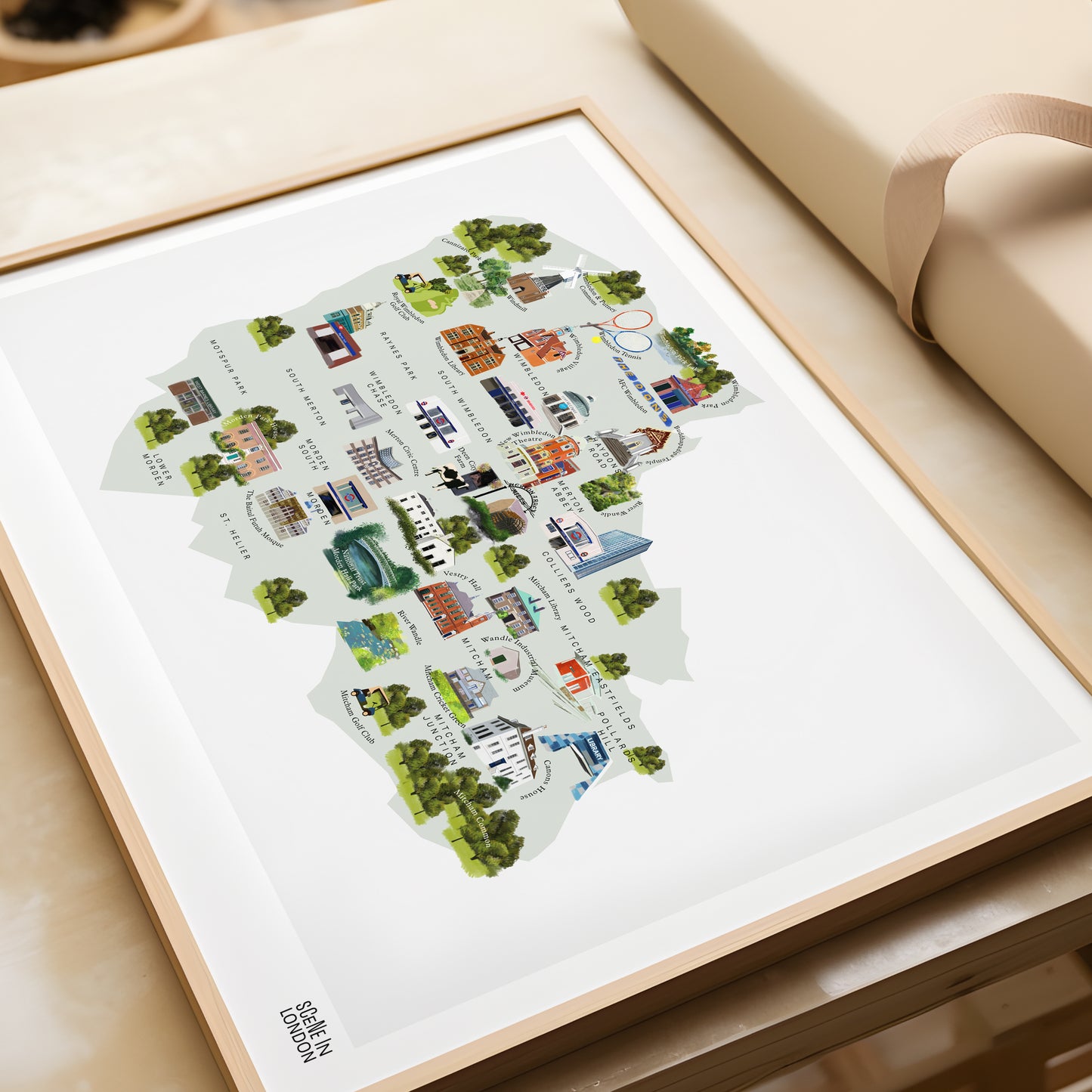 Art print of Merton, South London. Drawn by artist Samantha Foley from Scene in London