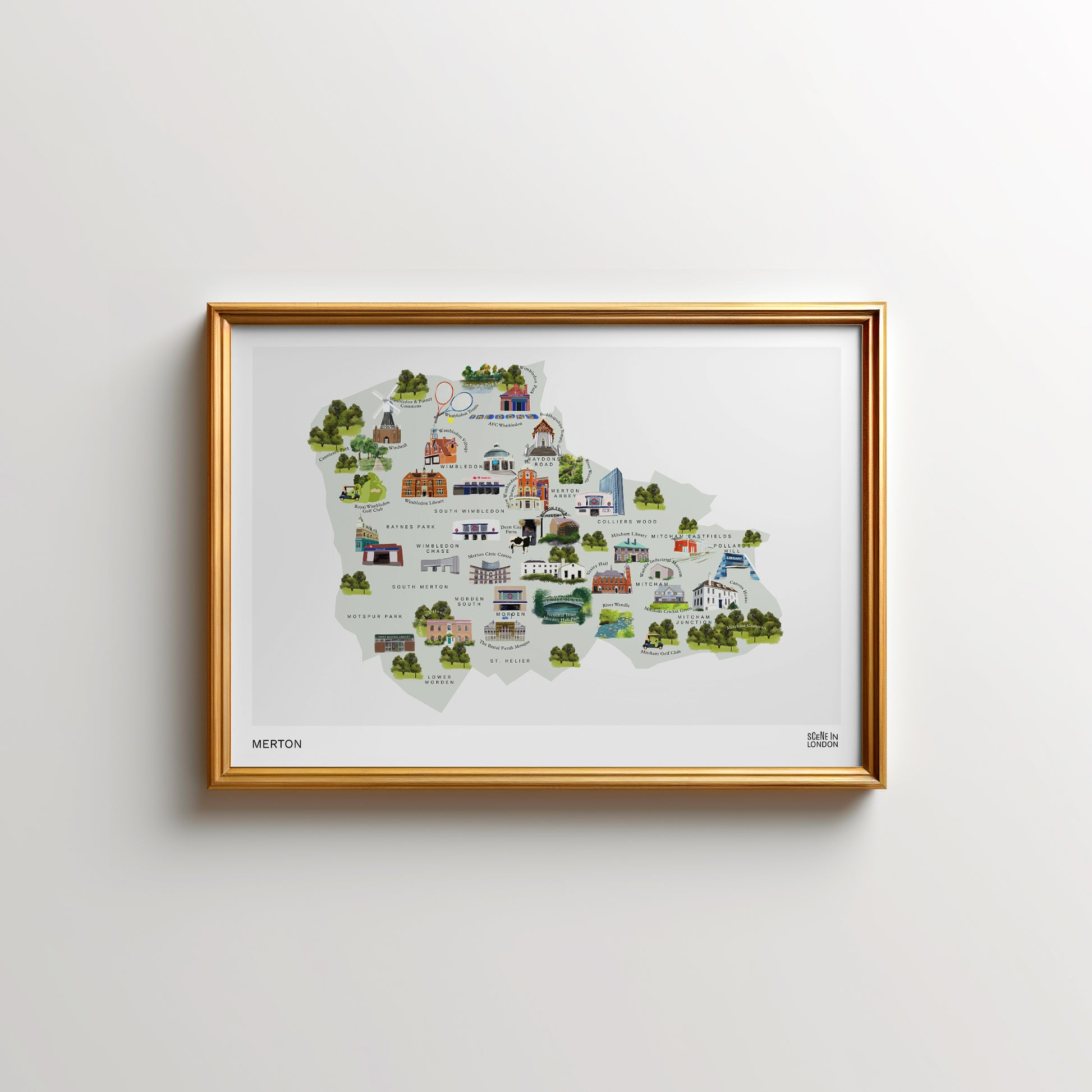 Art print of Merton, South London. Drawn by artist Samantha Foley from Scene in London