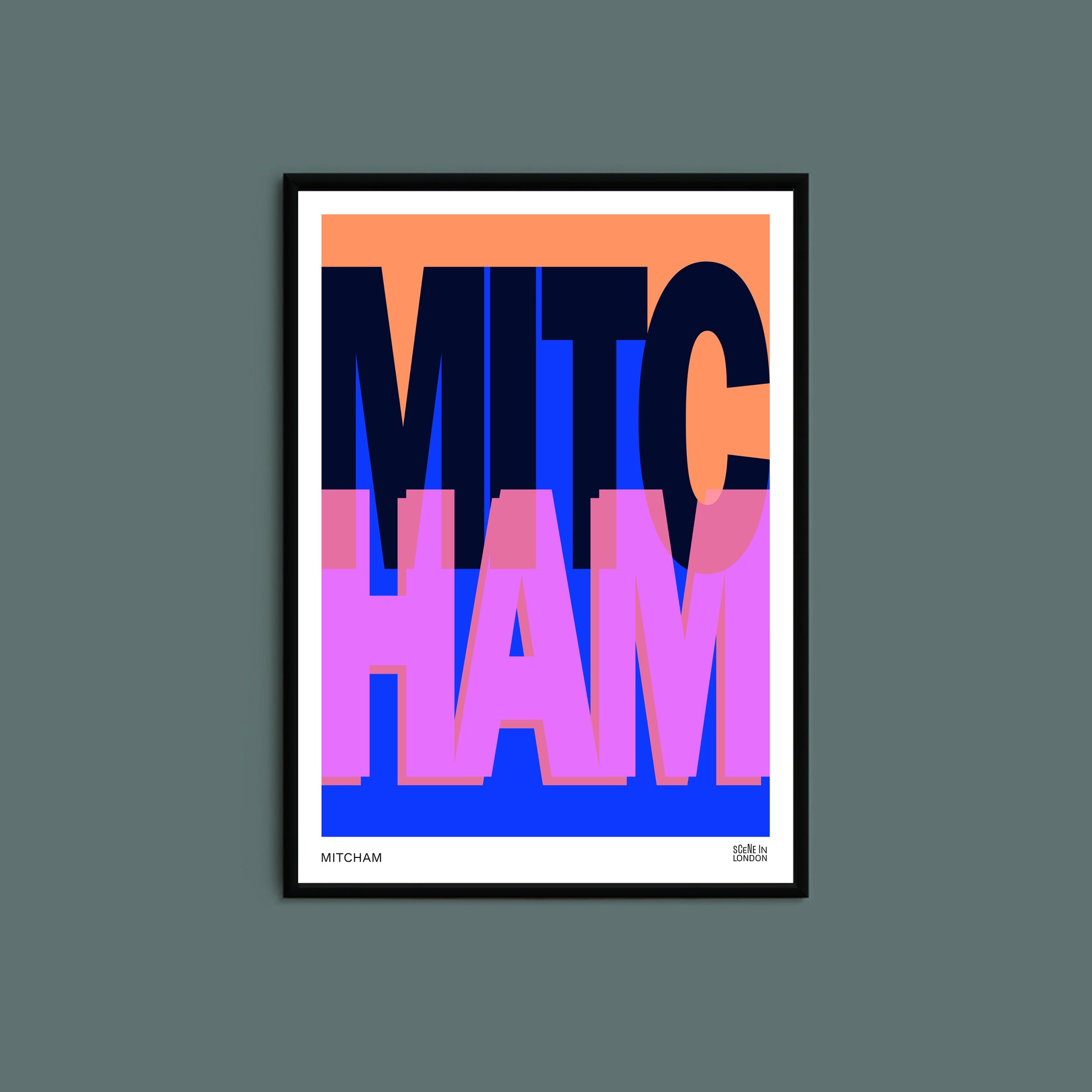 Framed artwork with 'MITCHAM' in colorful letters 