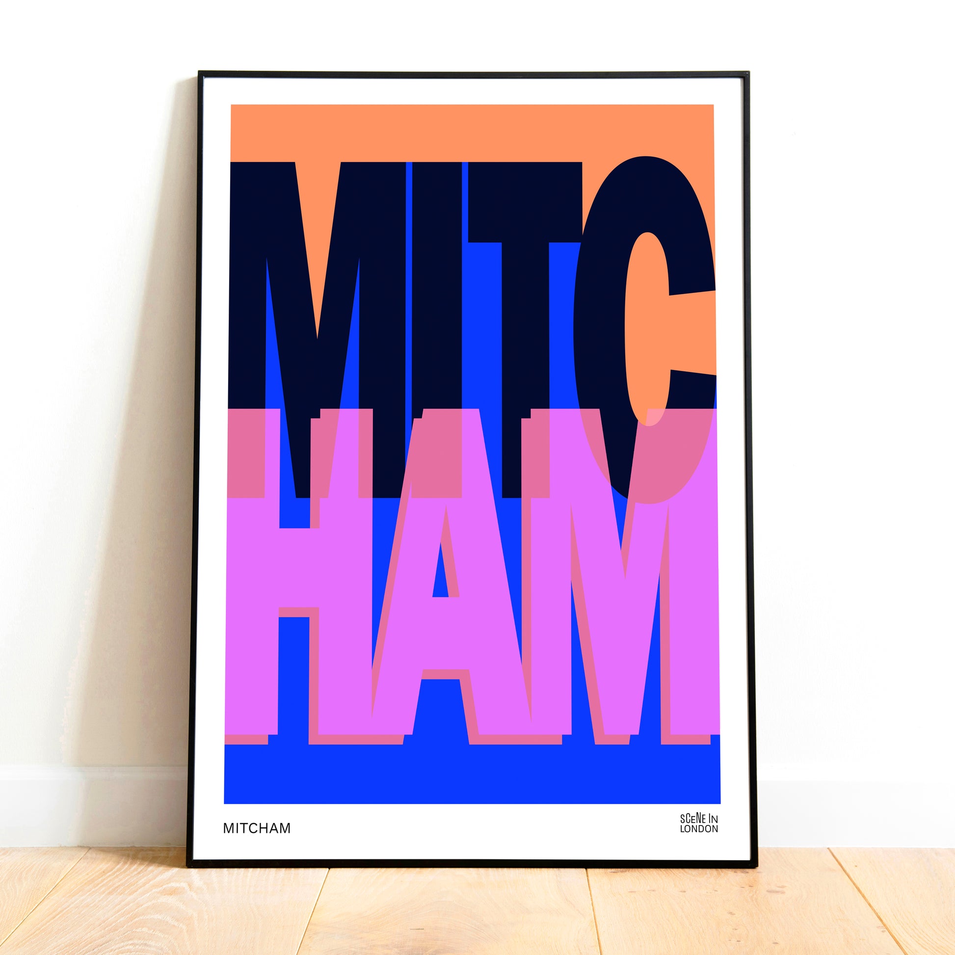 Framed London poster with colourful text 'MITCHAM' 