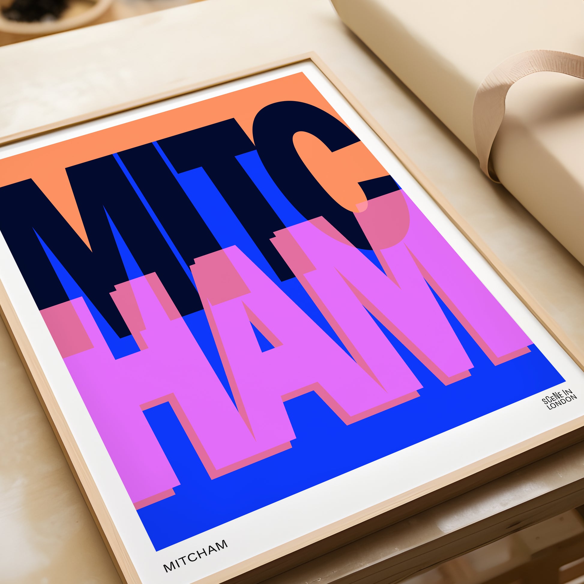 Framed London artwork with 'MITCHAM' in colourful letters