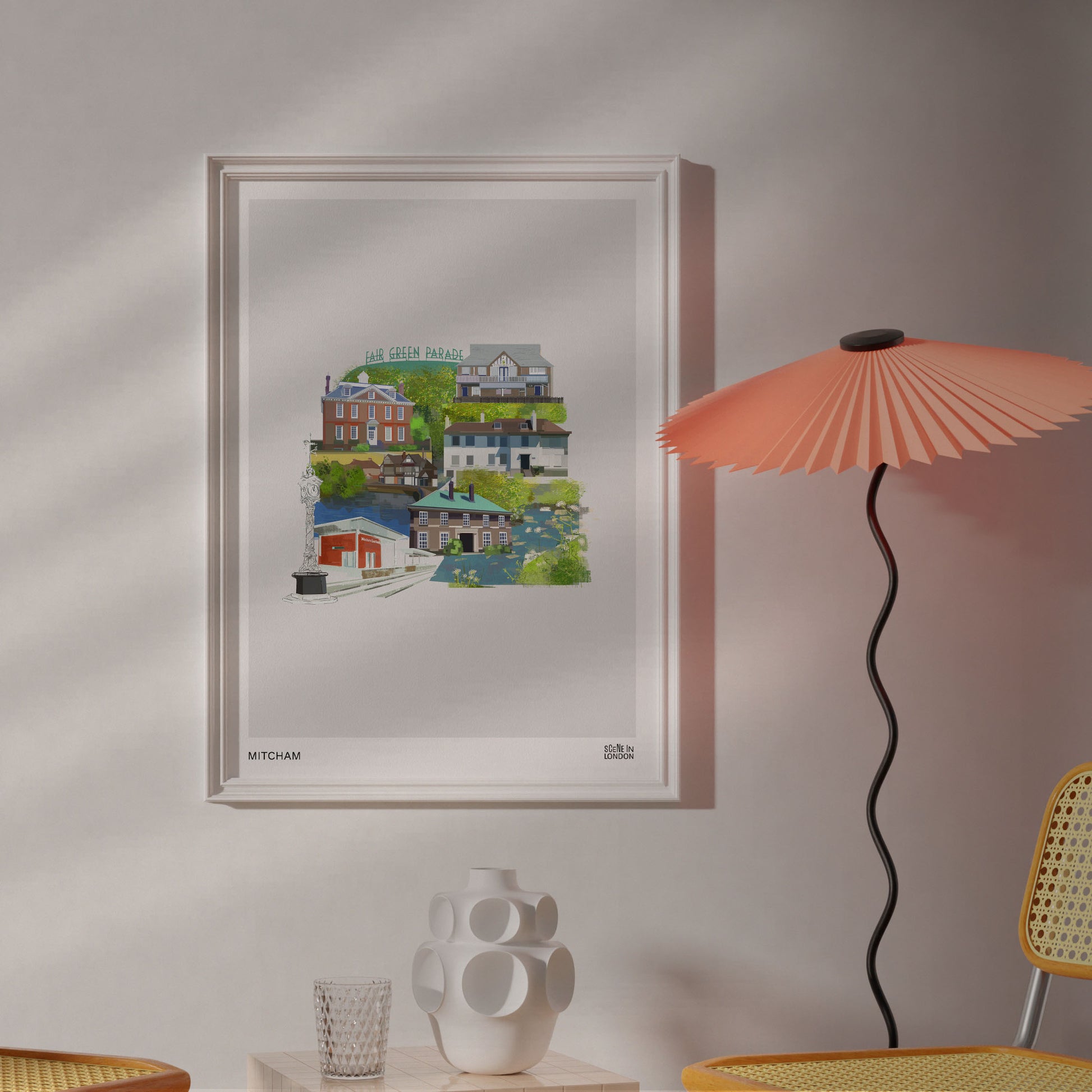 Mitcham print with illustrations of landmarks in Mitcham