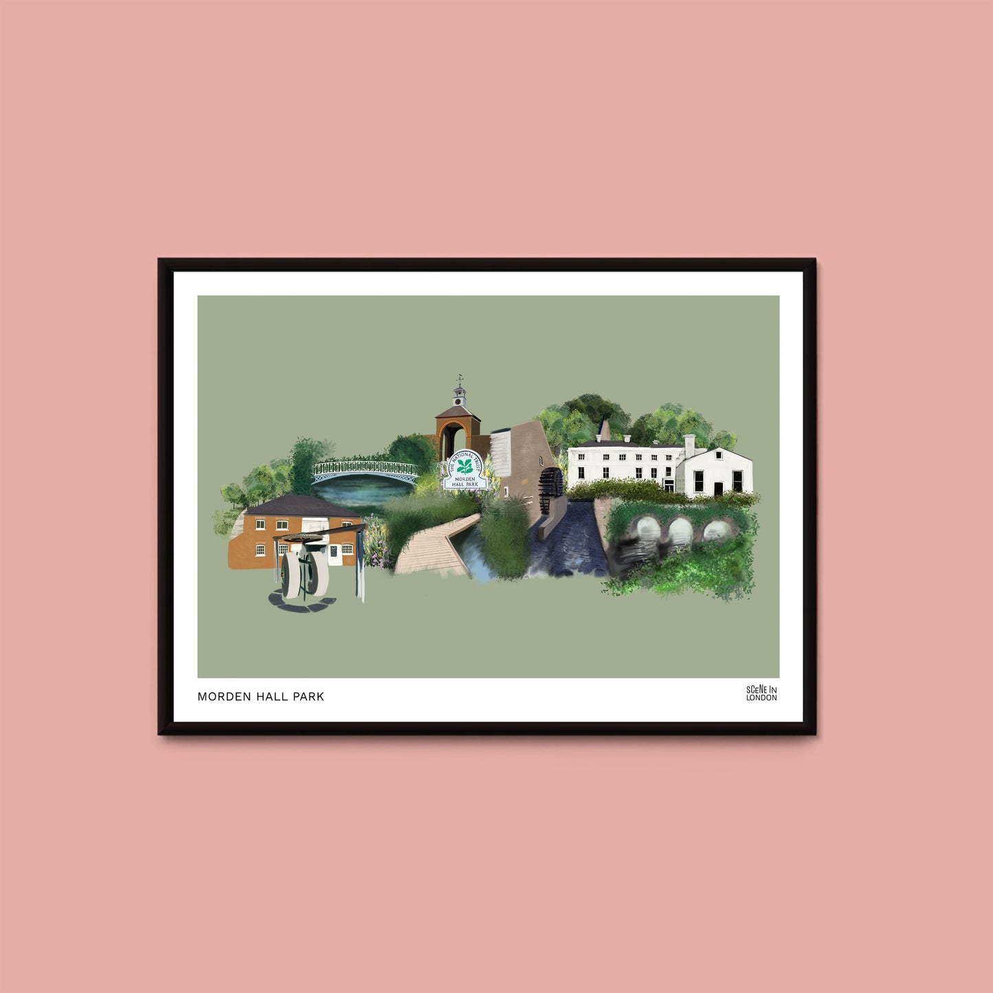 Framed artwork of Morden Hall Park on a green background