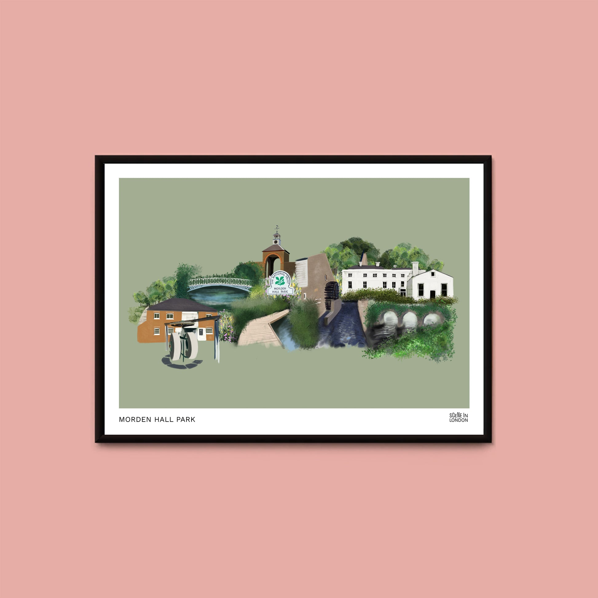 Framed artwork of Morden Hall Park on a green background