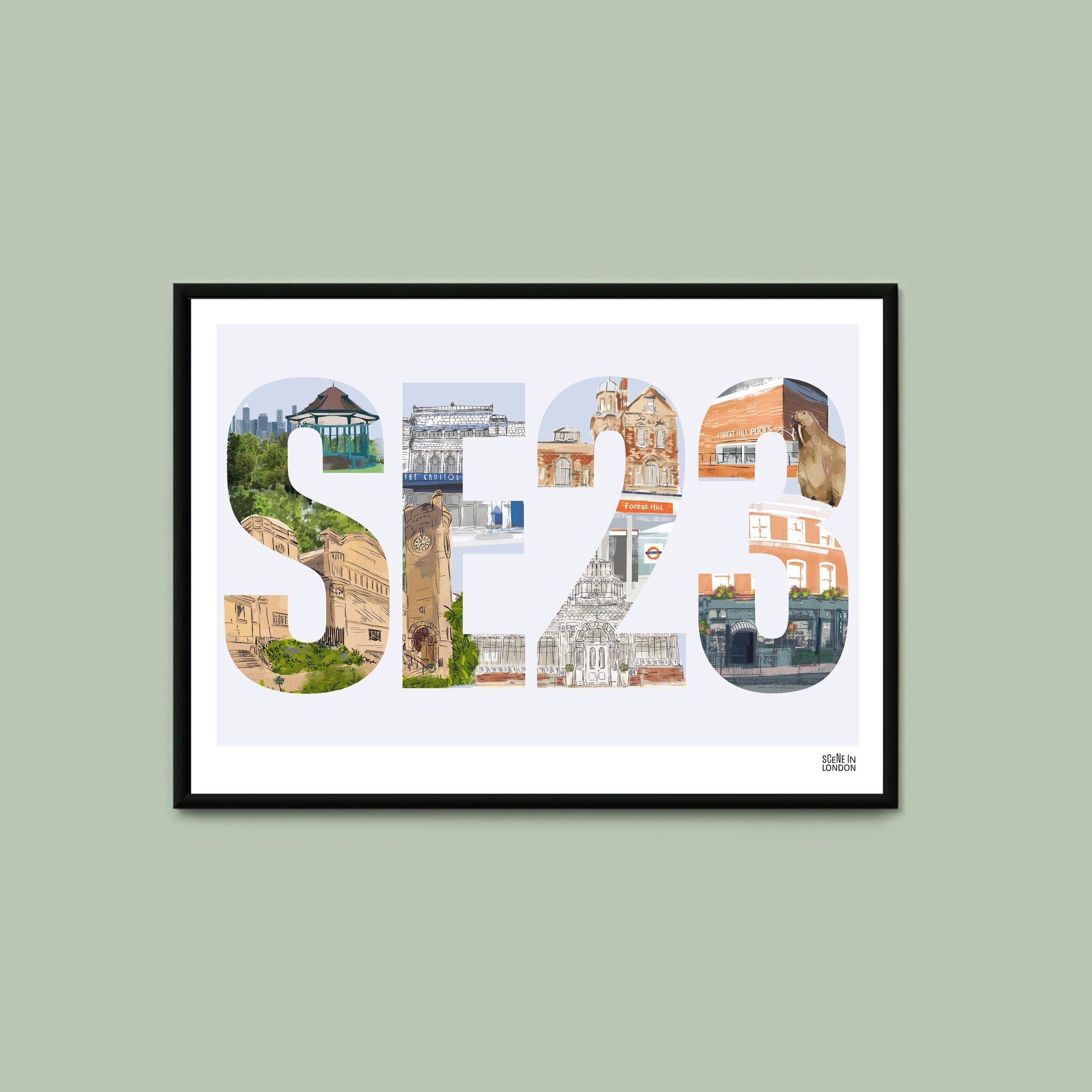 Forest Hill print with illustrations of places in SE23, London