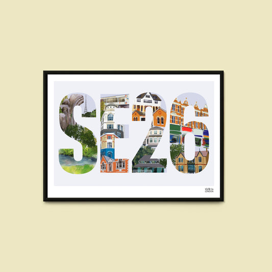 Illustrations of landmarks in Sydenham SE26 featured on an art print by Scene in London