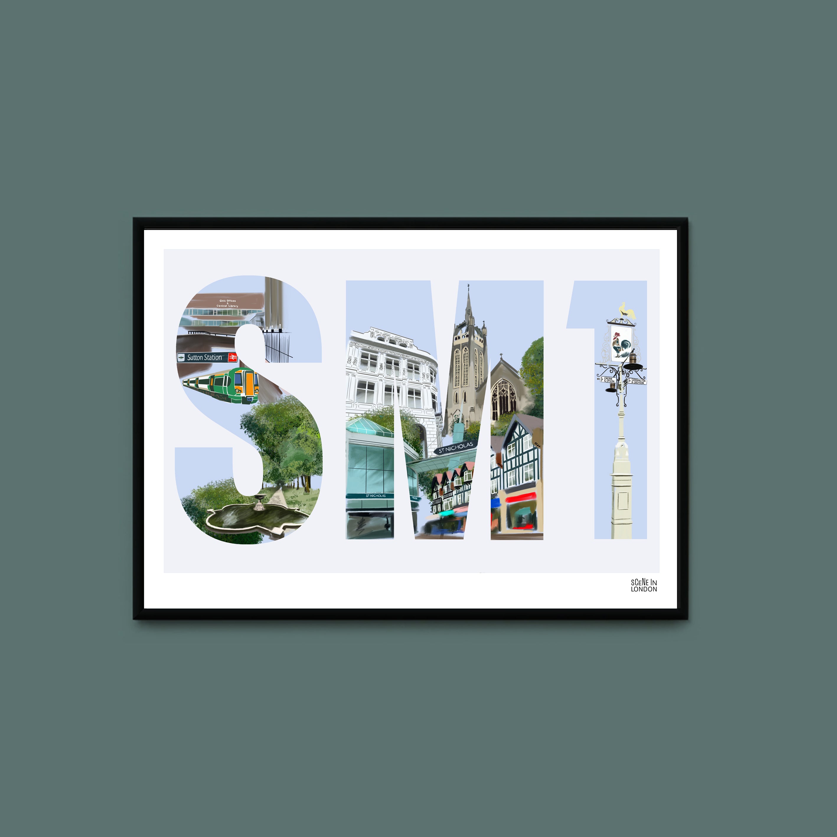 SM1 Sutton Postcode Print – London art prints and gifts by Scene in London