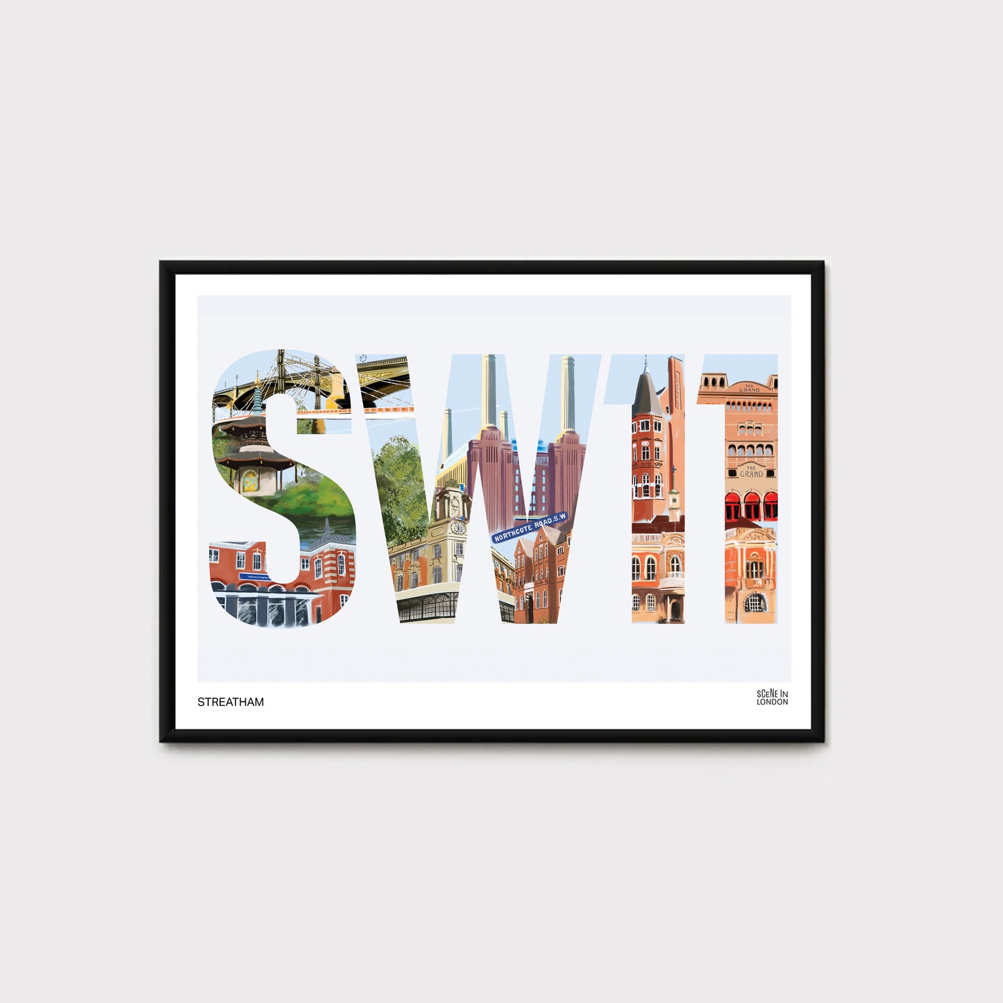 Art print featuring landmarks in SW11, Battersea and Clapham in London