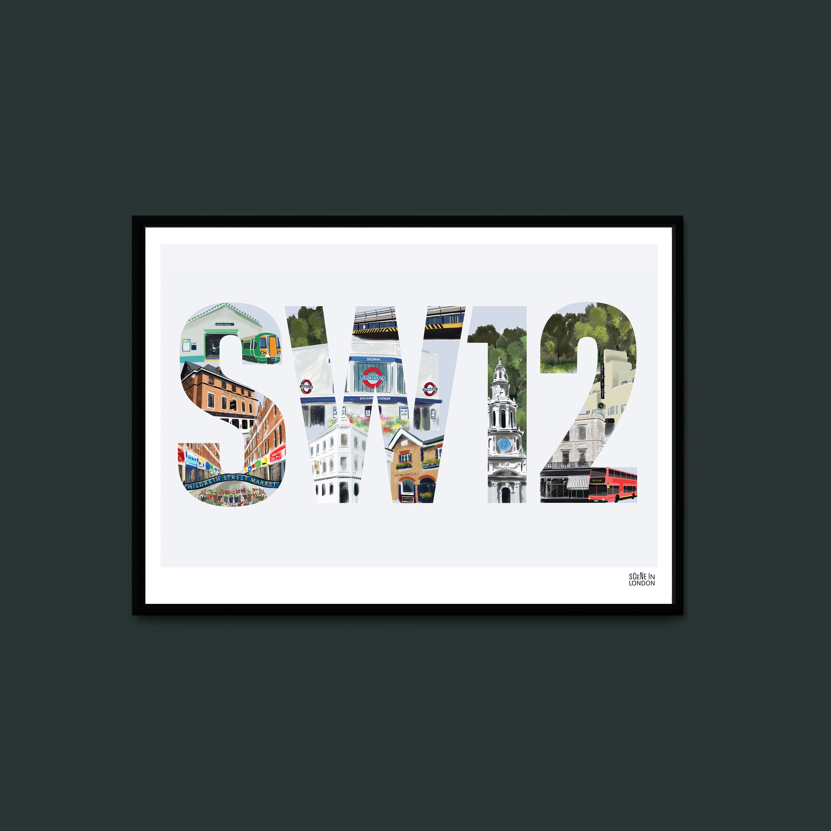 SW12 Balham Postcode Print – London art prints and gifts by Scene in London