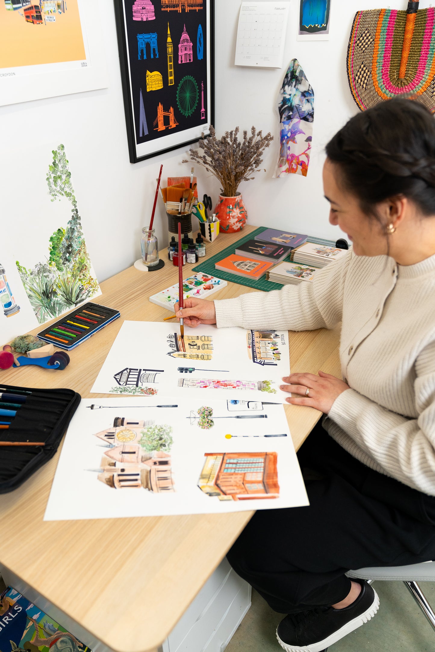 Artist Samantha Foley designing in her London studio in Croydon