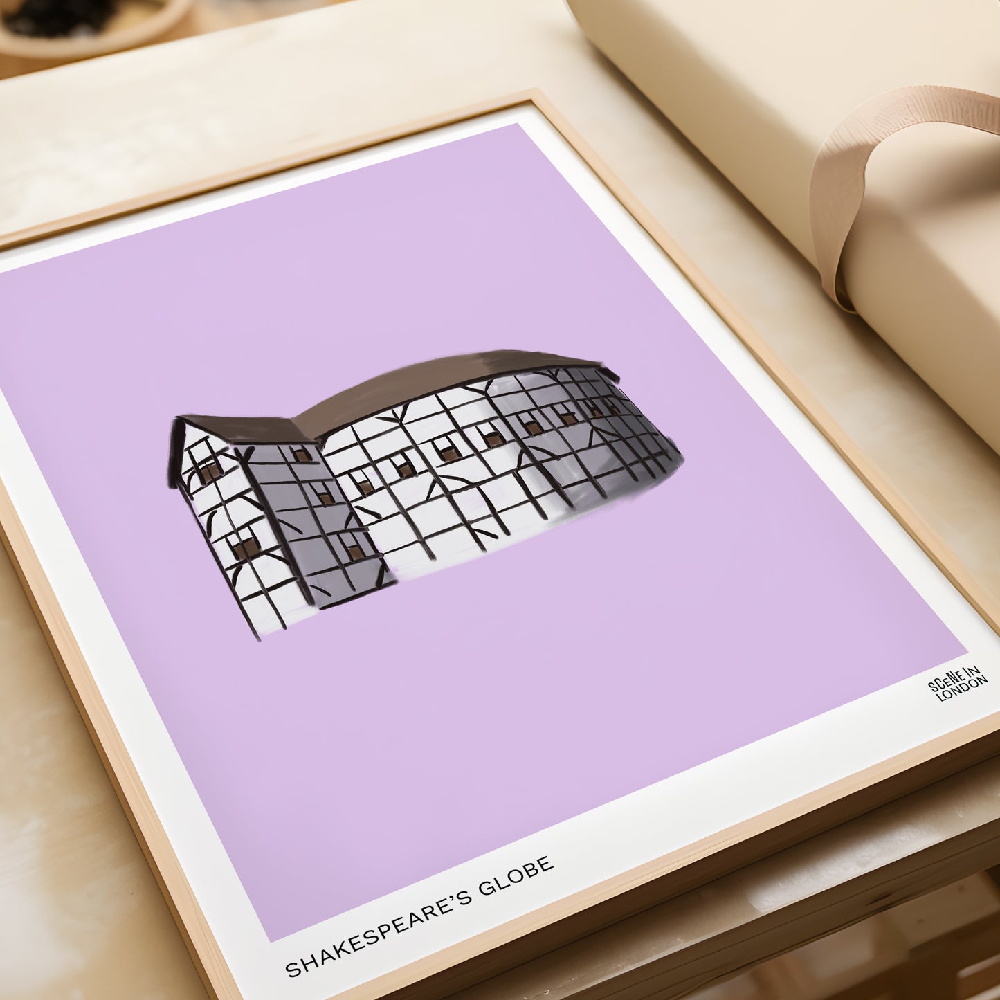 Framed print of Shakespeare's Globe on a purple background