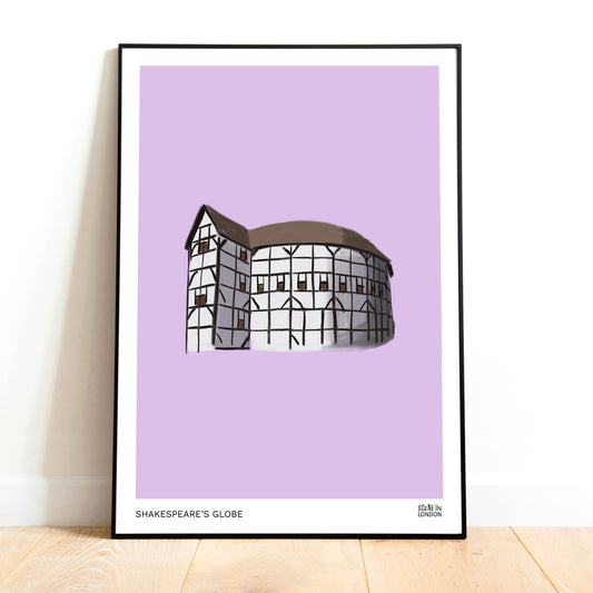 Framed artwork of Shakespeare's Globe on a purple background