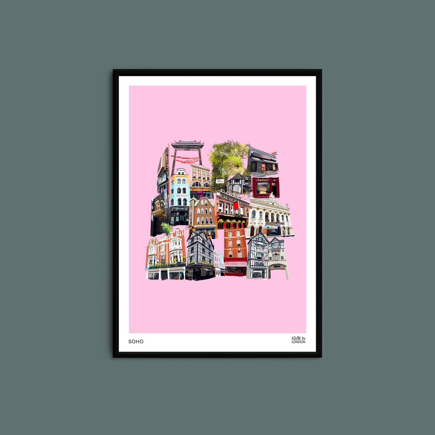 Art print of Soho in London featuring local landmarks