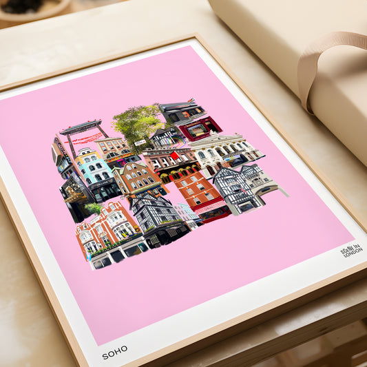 Art print of Soho in London featuring local landmarks