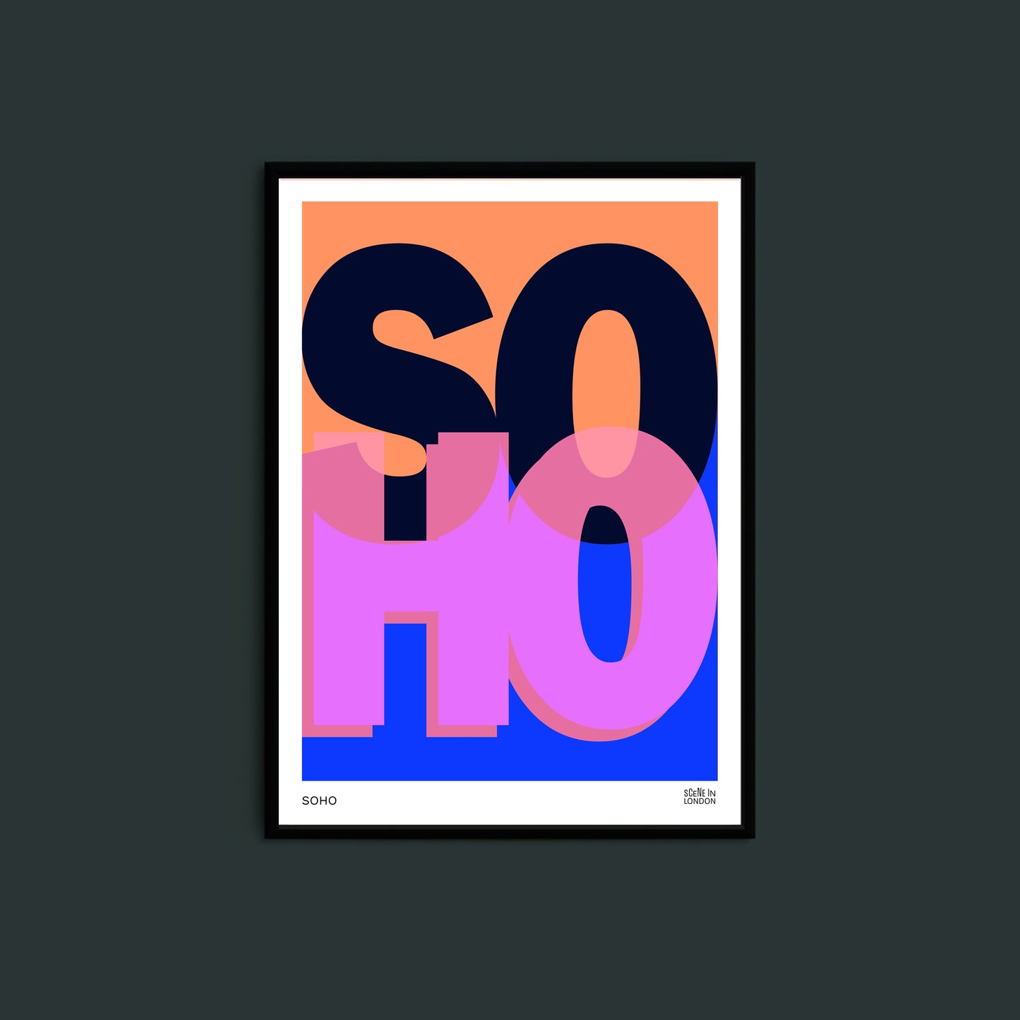 Framed artwork poster with colourful 'SOHO' typography on dark background